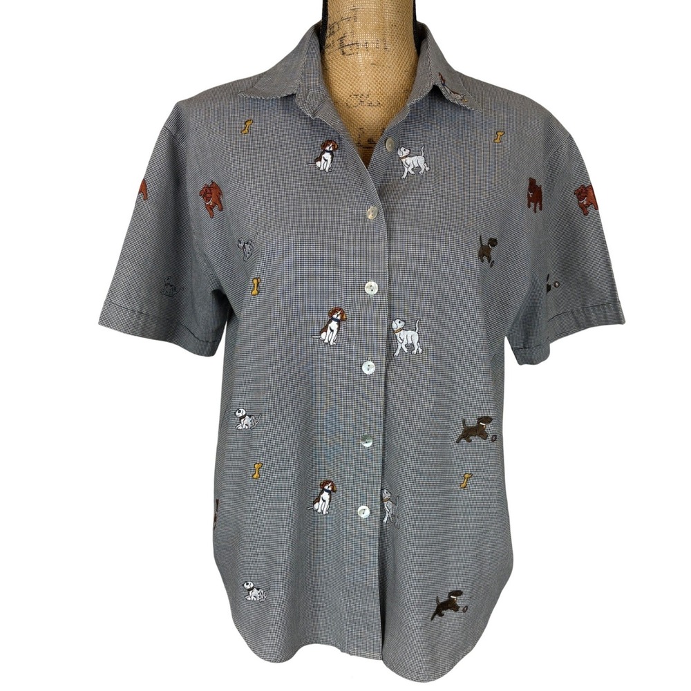 Vintage Novelty Dog Embroidered Button Up Shirt Black White Houndstooth Large
